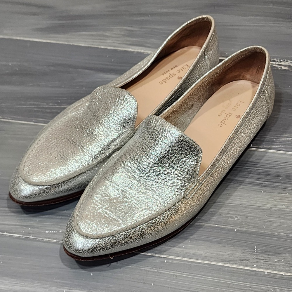 Kate Spade New York Silver Metallic Leather Loafers Almond Toe Flats Size 10M